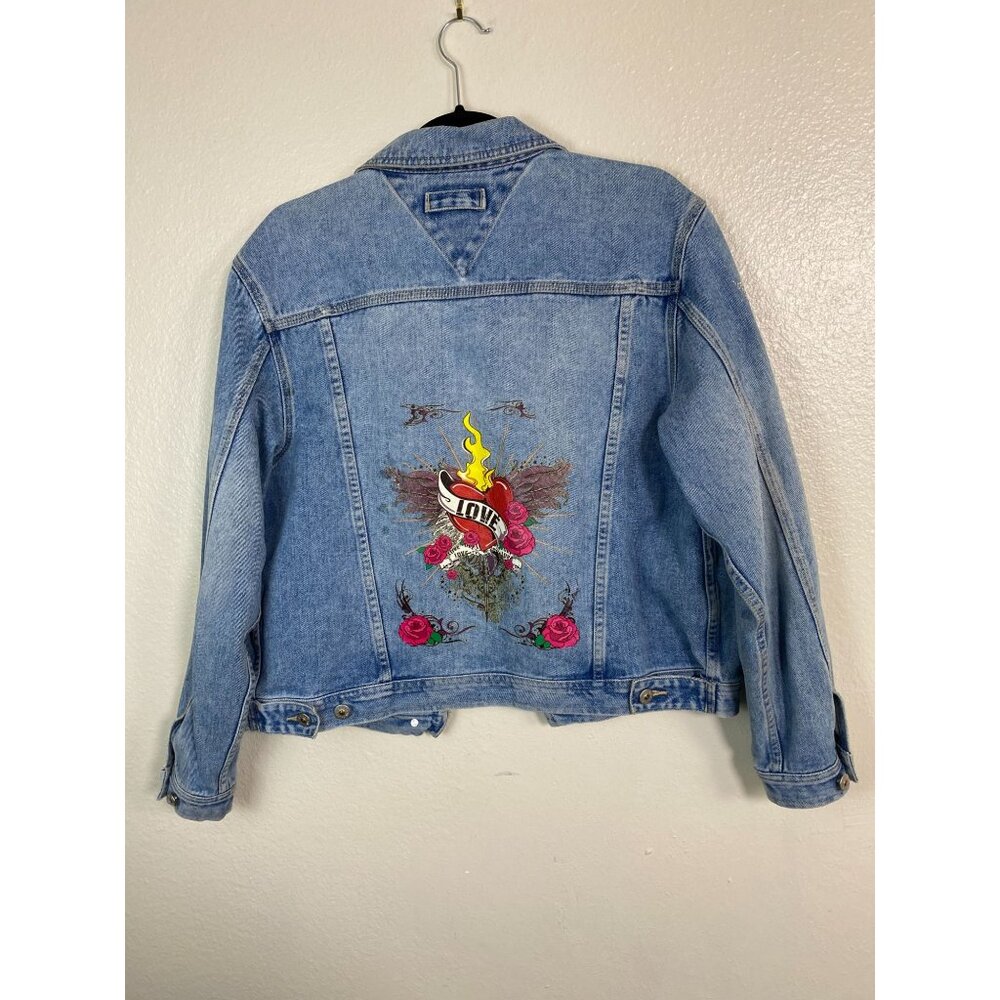 Vintage Xhilaration Womens Y2K Blue Denim Jacket size Large‎ Studded Biker Punk